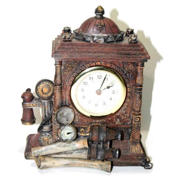 Vintage Antique Looking Mantle Clock Battery Powered Crown Binoculars Compass 7"